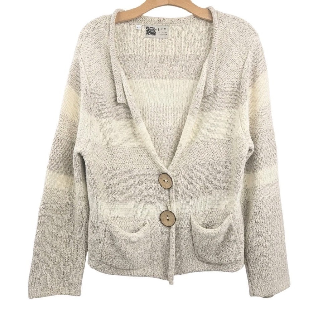 Habitat Cardigan Sweater Women Large Beige Cream Stripe Linen Cotton Pockets